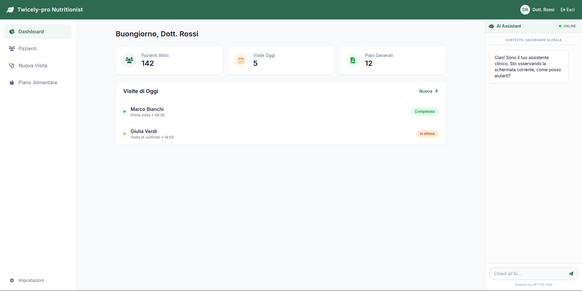 Dashboard con visite del giorno e assistente AI