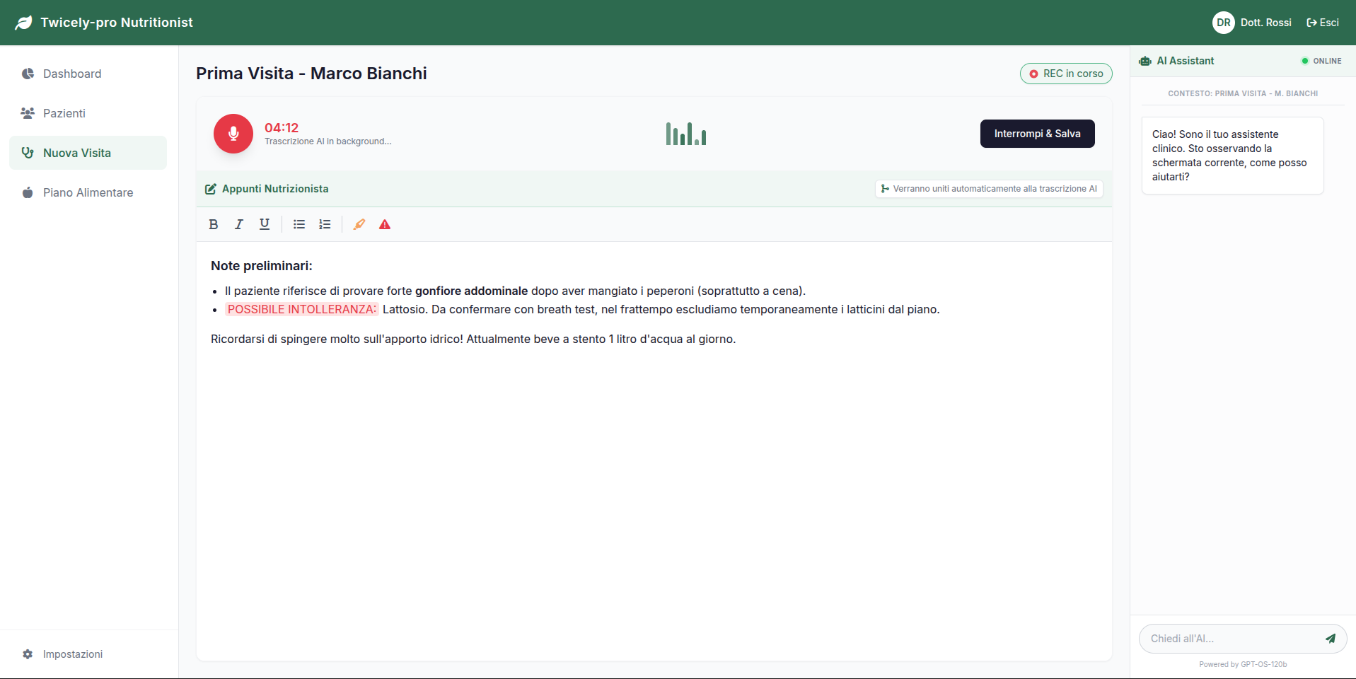 Schermata nuova visita con registrazione e appunti clinici