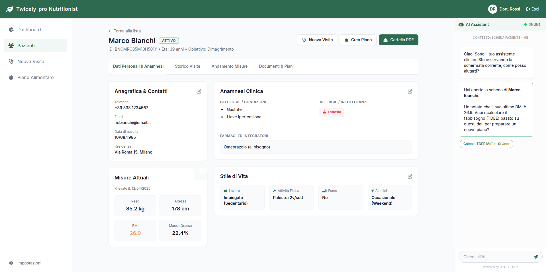 Scheda paziente con anamnesi e misure